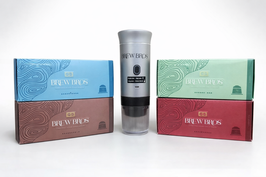 Brew Bros Portable Coffee Machine + 4 BrewBros Coffee Capsules Packs.